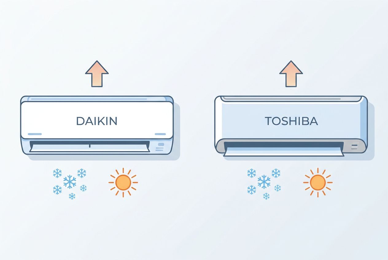 Climatiseur réversible prêt à poser pas cher: deux unités Daikin et Toshiba illustrées avec flèches ascendantes, icônes soleil et flocons.