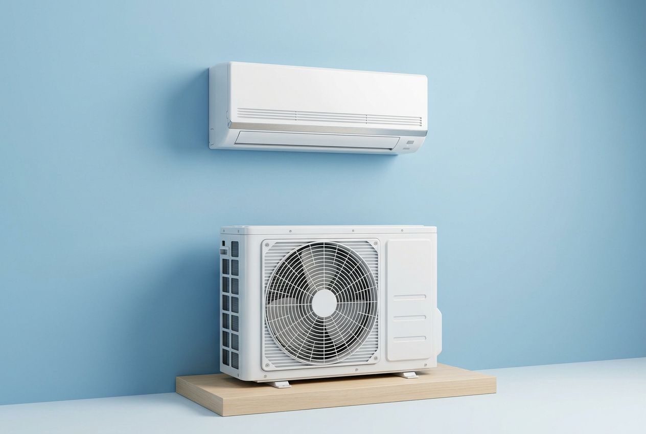 Climatiseur réversible prêt à poser pas cher : unité extérieure et console murale blanche contre un mur bleu, installation simple et économique.